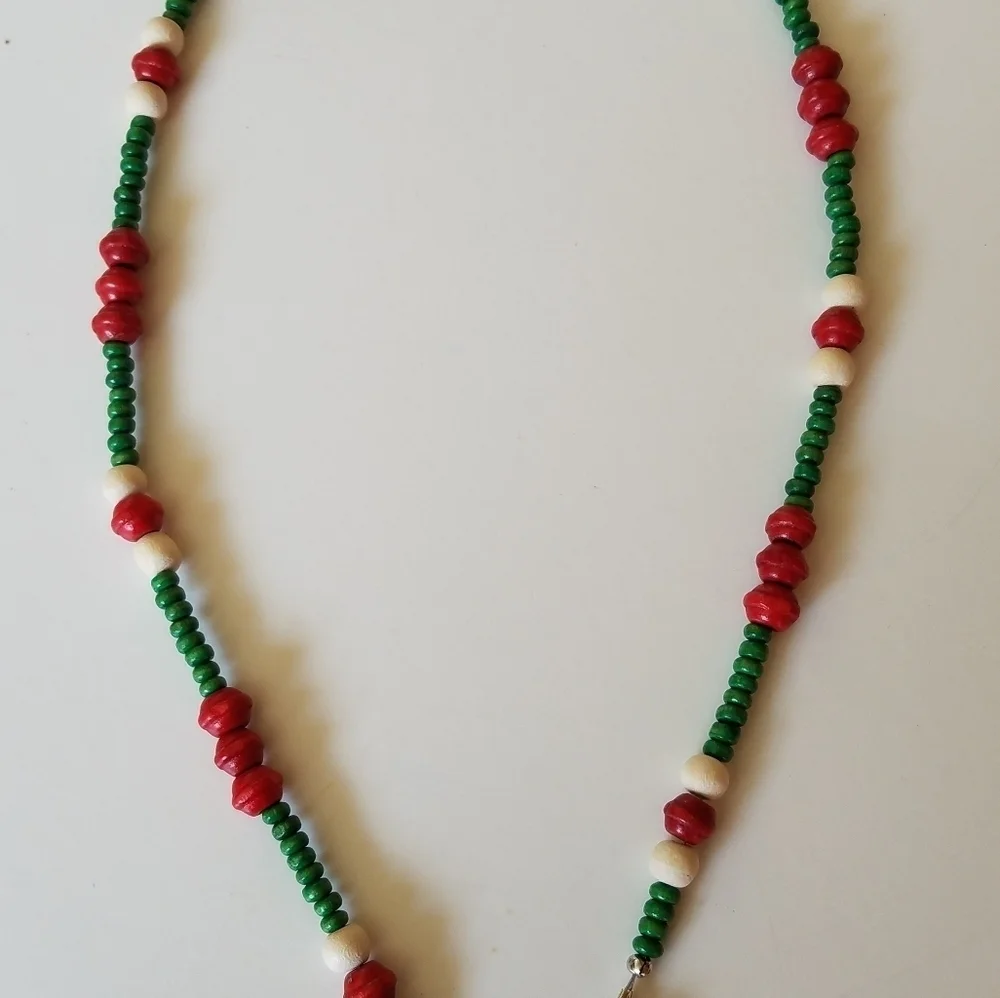 Hand Crafted Beaded Face Mask Chain Holder/Lanyard Red, White Green Wood Beads